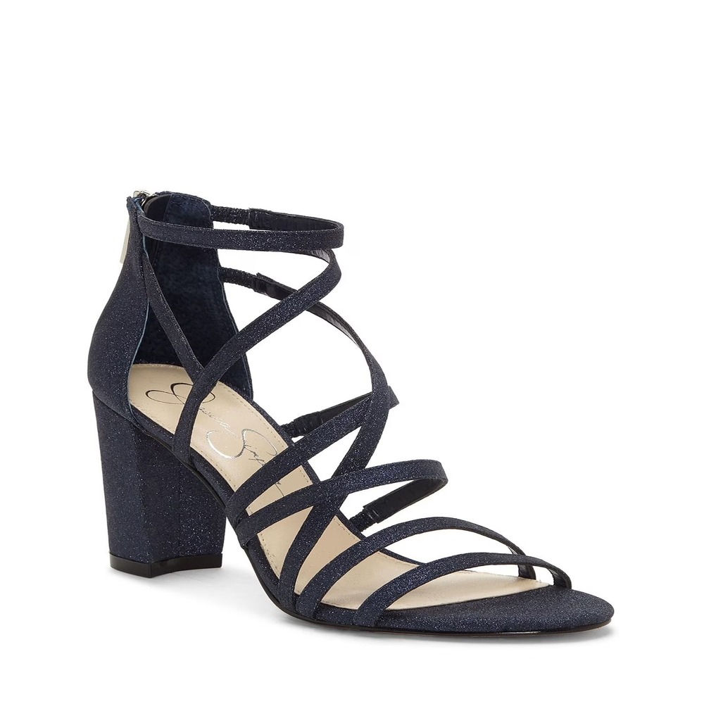 GUC Jessica Simpson Stassey Navy Blue Glitter Strappy Heel Sandals Womens 8M